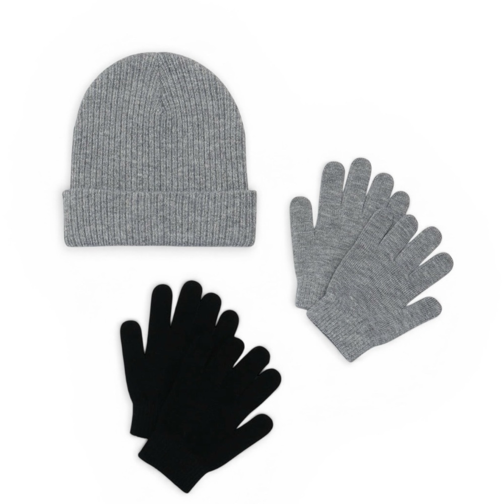 Men's Winter Knit Beanie and Gloves Set - Gray & Black